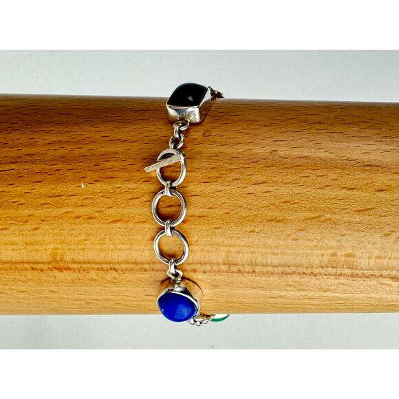 Amethyst Black Onyx Turquoise Chrysoprase Lapis Lazuli Sterling Bracelet - Picture 3 of 7